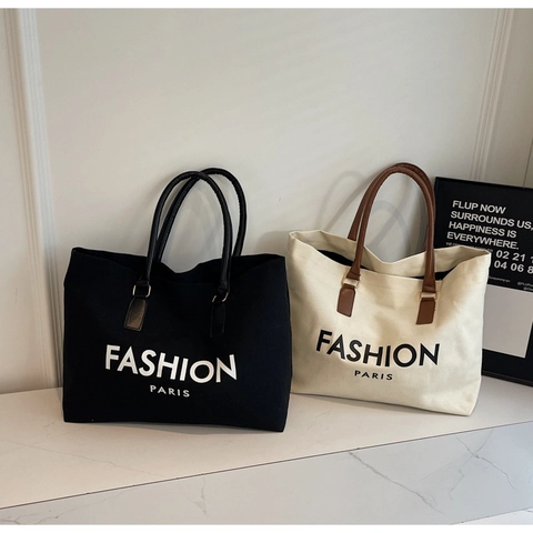 Women Large Capacity Canvas Tote Bag FASHION PARIS Letter Print Shoulder Shopping Bag Casual Commuting Stylish Handbag