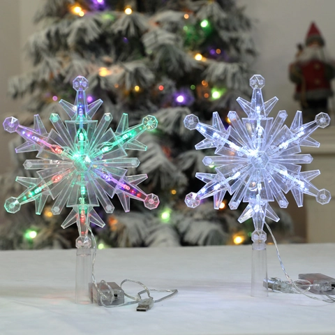 Christmas Tree Topper LED Snowflake Light Transparent Plastic Dual Power Supply Holiday Party Decoration Home