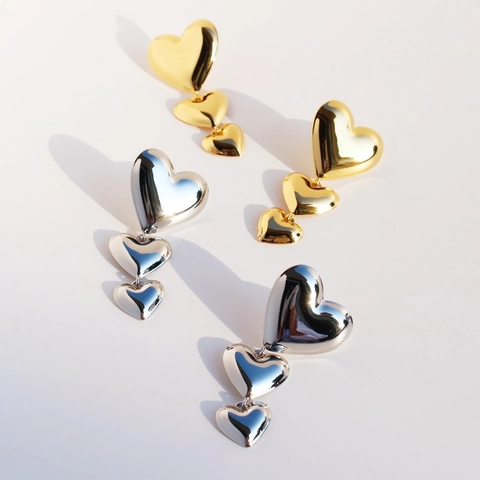 Messing Dreifach-Herz Ohrhänger Mit 925 Sterlingsilber Ohrstecker-Stift Spiegelpoliert Geometrische Herz Ohrringe Für Damen Schmuck