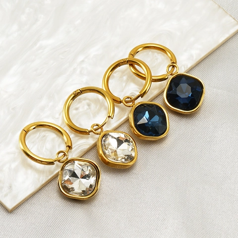 Orecchini A Cerchio Con Pendente In Pietra Preziosa Quadrata Vintage Francese Acciaio Inossidabile Placcato Oro 18K Donne