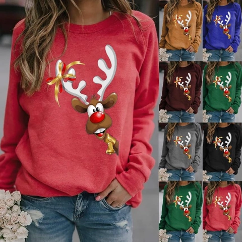 Women's Christmas Reindeer Print Long Sleeve Round Neck T-Shirt Cotton Casual Holiday Top Autumn Winter Apparel