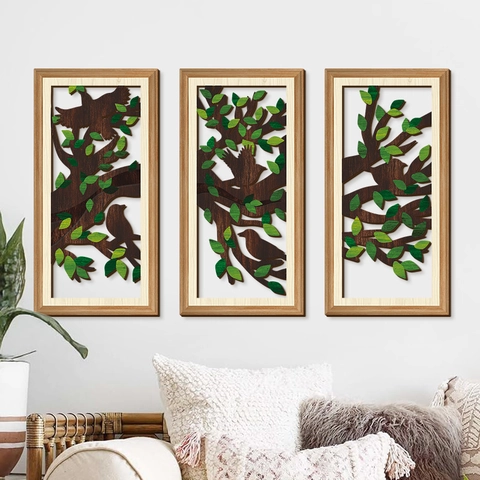 Wooden Wall Art Hollow Green Leaves Birds Silhouette Plaque Pastoral Hanging Decoration For Living Room Bedroom Natural Style