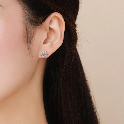 Flower Stud Earrings 925 Sterling Silver With Tapered Baguette Cubic Zirconia For Women Elegant Snowflake Jewelry