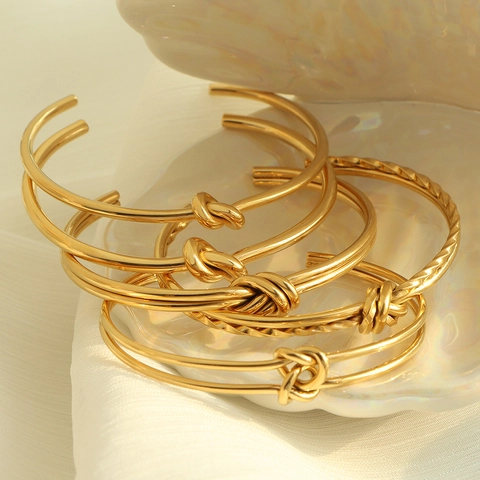 Stainless Steel Knot Cuff Bangle Women French Vintage Adjustable Open C-Shape Twisted Minimalist Jewelry