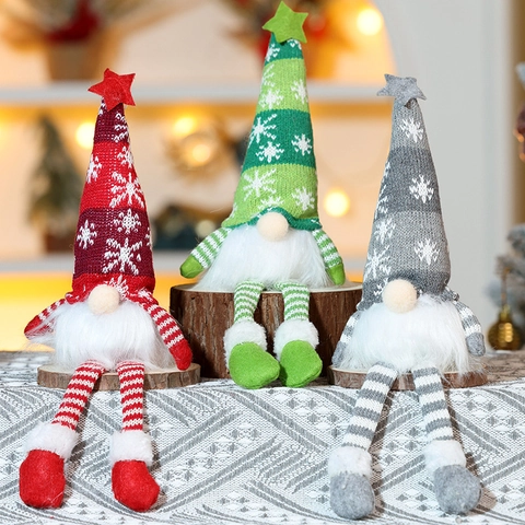 Gnomo De Navidad Luminoso Muñeco Sin Rostro Gorro De Punto Copo De Nieve Barba De Pelo LED Adorno Mesa