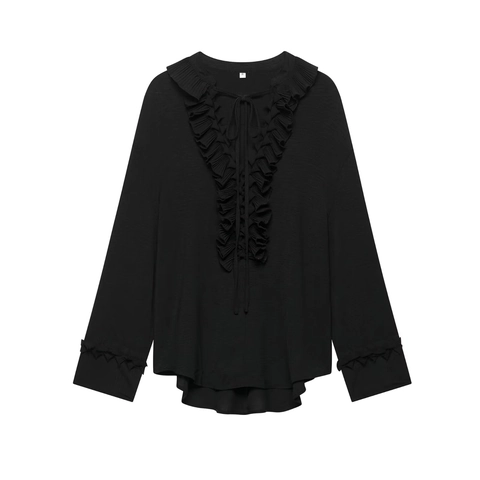 Blouse Élégante à Volants pour Femmes Col en V Manches Longues Décontractée Couleur Unie Chemise Ample à Nouer Style Rétro