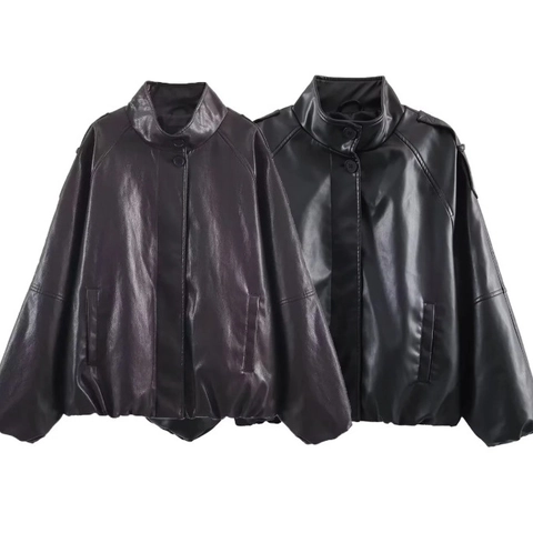 Faux Leather Jacket Women Stand Collar PU Moto Coat Long Sleeve Streetwear Vintage Outerwear Zip Up