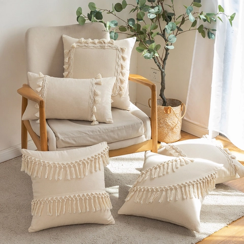 Bohemian Tassel Pillow Cover Cotton Linen Woven Cushion Case For Sofa Living Room Wabi-sabi Style Home Decor