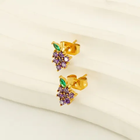 Grape Stud Earrings Stainless Steel With 18K Gold Plated Purple Green Zircon Fruits Shape Cute Fashion For Women