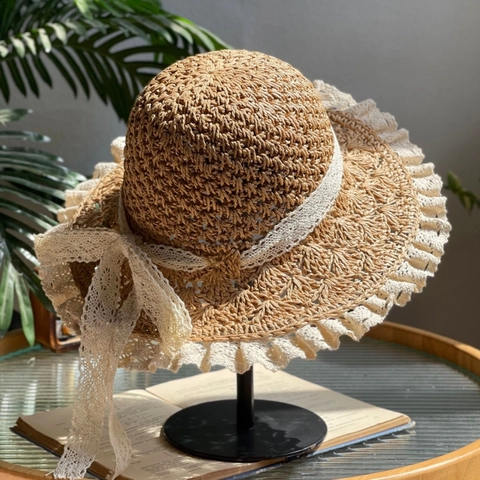 Women Straw Sun Hat Lace Trim Bowknot Foldable Handmade Woven Breathable Wide Brim Summer Beach Travel Accessory Elegant