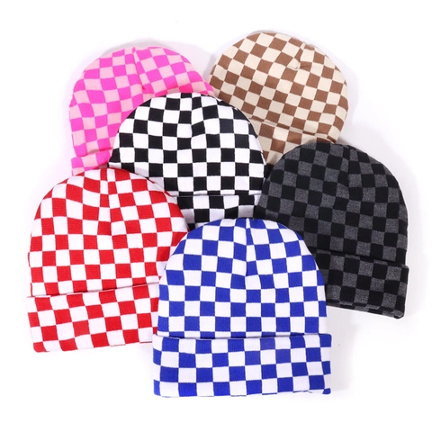Checkerboard Strickmütze Beanie Acryl Mit Umschlag Winter Warm Streetwear Stil Minimalistisch Unisex