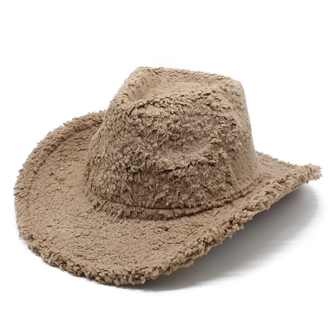 Western Cowboy Hat Plush Faux Fur Wide Brim Warm Winter Fashion Solid Color Unisex Fedora Style