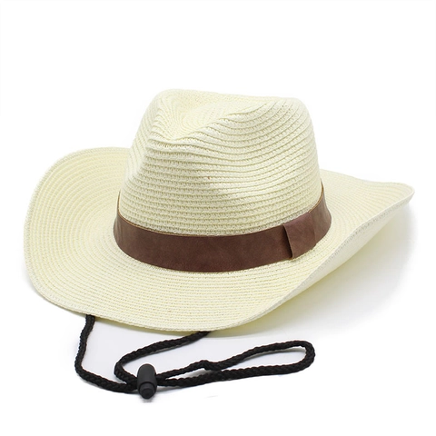 Δυτικό Καπέλο Cowboy Άχυρο Μεγάλο Γείσο Προστασία Ήλιου Ρυθμιζόμενο Σχοινί Ζώνη Τεχνητό Δέρμα Καλοκαιρινό Καπέλο Παραλίας