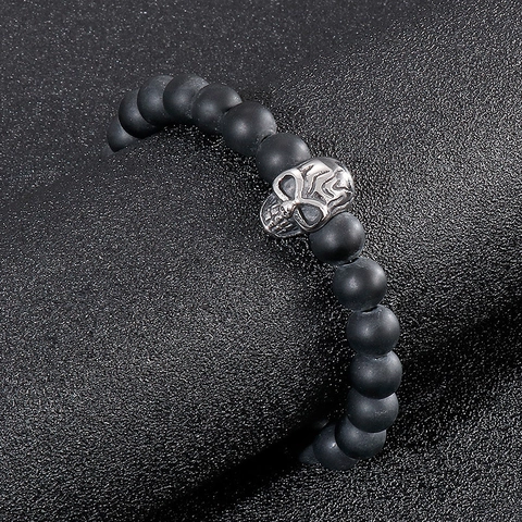 Men Beaded Bracelet With 316L Stainless Steel Skull Matte Stone Beads Punk Gothic Rock Style