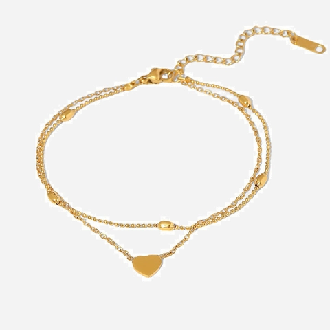 Lagiges Herzanhänger Fußkettchen Damen 18K Vergoldeter Edelstahl Ovalperlenkette Minimalistischer Fußschmuck Verstellbar