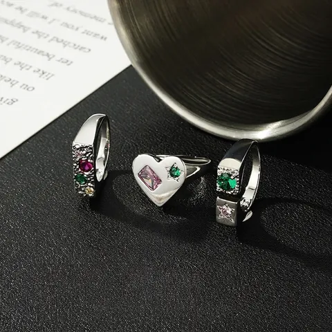 Vintage Silber Farbe Metall Herz Stern Form Offener Ring Für Damen Personalisierte Strass Eingelegt Mode Schmuck Fingerring Geschenk