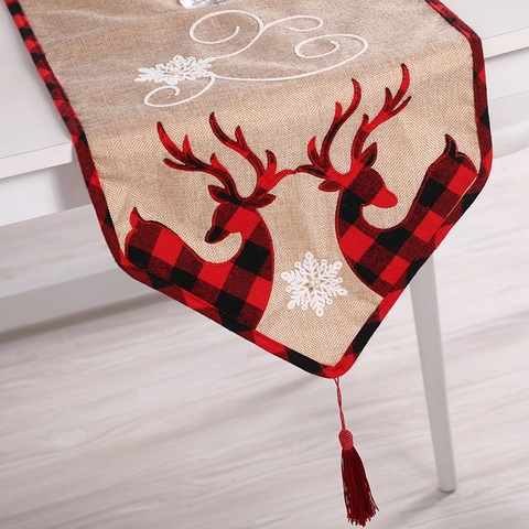 Christmas Table Runner Cotton Linen Red Black Buffalo Plaid Reindeer Snowflake Embroidery Tassels Holiday Dining Decor