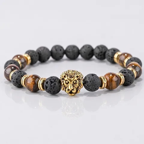 Lion Head Beaded Bracelet Natural Tiger Eye Lava Rock Stone Elastic Men Vintage Punk Energy Stretch Charm Jewelry