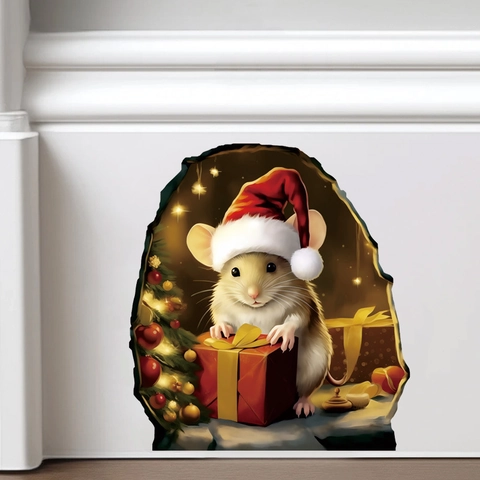 3D Mäuseloch Weihnachten Wandaufkleber PVC Selbstklebend Cartoon Tier Aufkleber Mit Weihnachtsmütze Baum Für Haus Dekoration