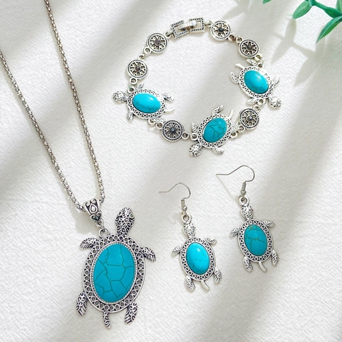 Boheemse Zeeschildpad Ketting Armband Oorbellen Legering Vintage Zilver Turquoise Oceaan Stijl Accessoires Vrouwen