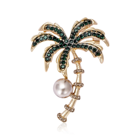 Fashion Women Coconut Palm Tree Brooch Pin Alloy Green Rhinestone White Artificial Pearl Scarf Clip Coat Decoration Accessory