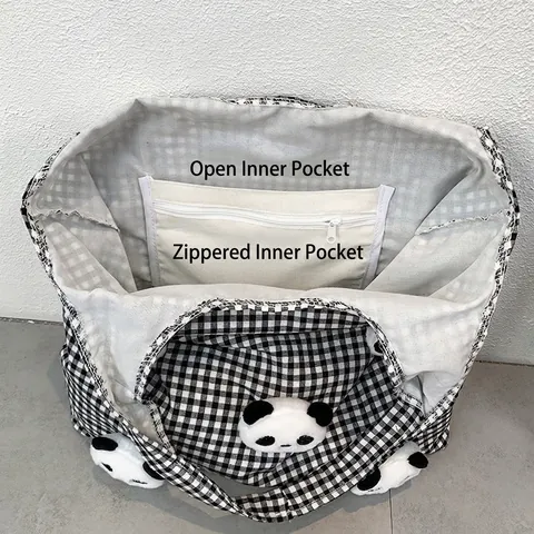 Borsa Tote In Tela A Quadri Con Bambole Panda In Peluche Borsa A Tracolla Grande Capacità Estetica Kawaii