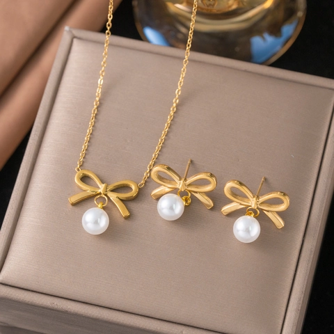 Collar Y Pendientes De Perlas Artificiales Con Lazo En Acero Inoxidable Chapado En Oro De 18 Quilates Joyas Vintage Francesas