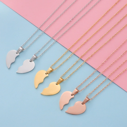 Puzzle Heart Pendant Necklace Polished Stainless Steel Jewelry Gift For Couple Best Friend Romantic Simple Style