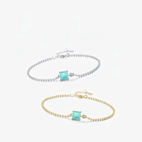 925 Sterling Silver Bracelet Women Square Green Stone Minimalist Bead Chain Adjustable Light Luxury Fashionable Jewelry