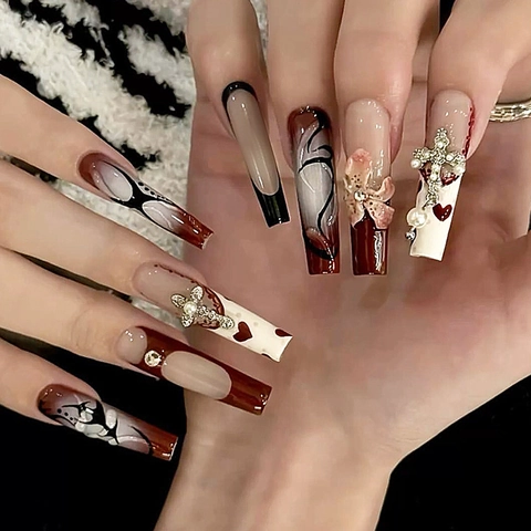 Unghie Finte Press On Nails Fatte A Mano Lunghe Bara Con Strass Croce Perla Artificial Rosso Scuro Occhio Di Gatto 3D Fiore