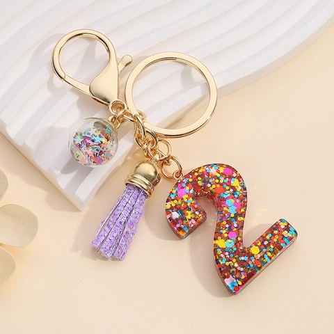 Portachiavi Numero Fortunato in Resina Trasparente Con Paillettes Colorate Nappa Viola Sfera di Vetro Stella Anello Oro Regalo Donna