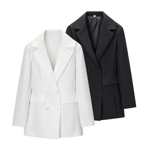 Women Double Breasted Blazer Dress Long Sleeve Slim Fit Notched Lapel Polyester Solid Color Elegant Office Lady Fashion