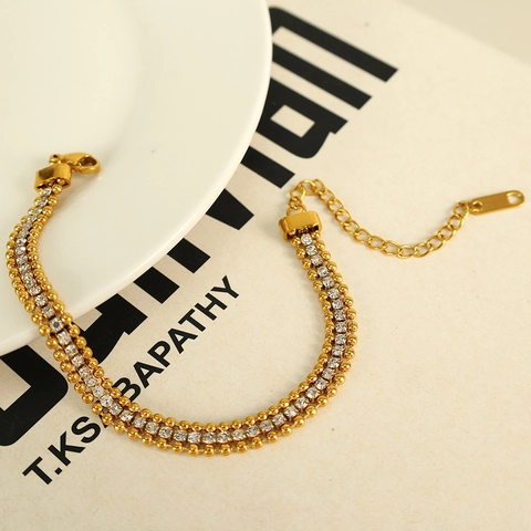 Pulsera de Acero Inoxidable de Moda para Mujer Cuentas de Doble Fila Elegante Diamantes de Imitación Incrustados Cadena de Extensión
