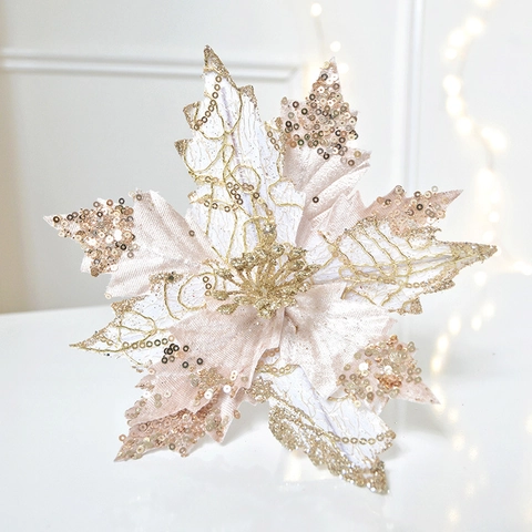 Artificial Poinsettia Christmas Flowers Glitter Sequin Mesh Fabric For Tree Decoration Party Home Wedding Ornament