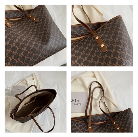 Borsa Tote da Donna in Pelle PU di Grande Capacità con Stampa a Lettere Classiche Borsa a Tracolla Monogramma Retrò per Pendolari