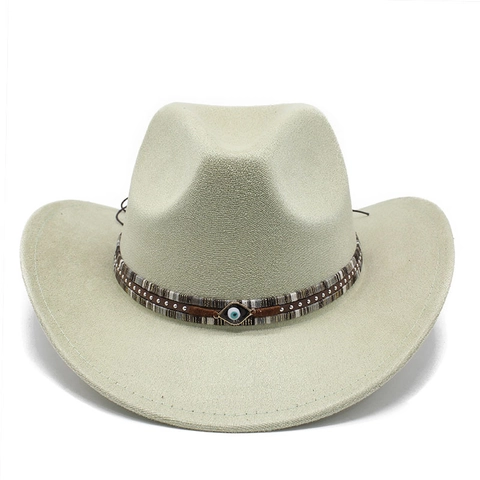 Chapeau De Cowboy Western Suédine Fedora Avec Pendentif Œil Maléfique Bande Tressée Rivets Large Bord Style Bohème Ethnique Hommes Femmes