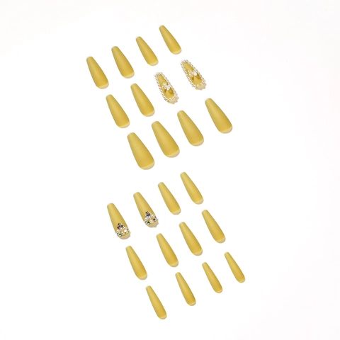 Unghie Finte Press On Giallo Senape Opaco Forma Bara Lunga Con Rilievo Farfalla Dorata Künstliche Perle E Strass Copertura Totale