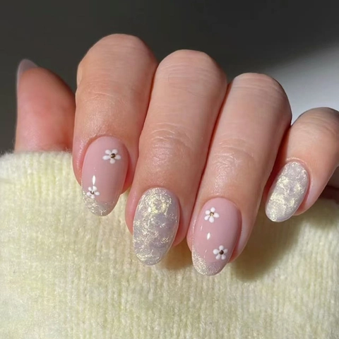 Uñas Postizas De Flores Rosas Plástico ABS Ondas De Agua Ojo De Gato Brillo Plateado Estilo Francés Ovaladas Desmontables
