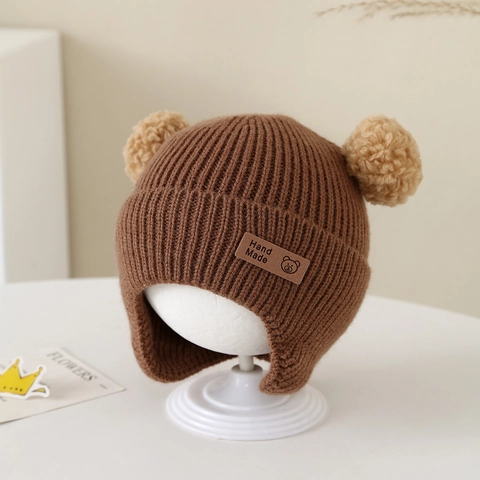 Baby Winter Knitted Hat Warm Ear Protection Beanie For Toddler Boys Girls Cute Bear Ear Pompoms Leather Patch Ribbed Cap