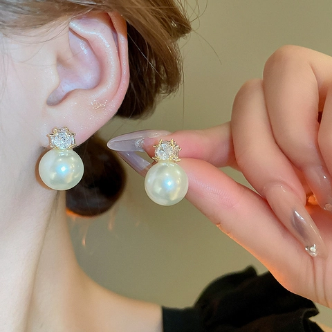 Geometric Cubic Zirconia Imitation Artificial Pearl Stud Earrings With Silver Earring Post Copper French Vintage Simple Style