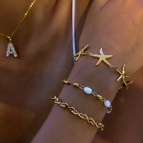 Starfish Charm Bracelet 18K Gold Plated Stainless Steel Waterproof Hypoallergenic Summer Beach Ocean Style For Women