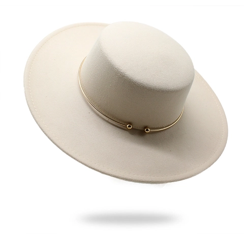 Vintage Flat Top Boater Hat Cotton Polyester Felt Wide Brim With Golden Metal Ring Decor Elegant Fashion Accessories