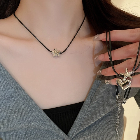 Collana Con Pendente Cuore Stella Marina Lega Minimalista Argento Nero Cordino In Cera Regolabile Catena Da Clavicola Donna