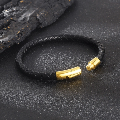 Men Braided Leather Bracelet Stainless Steel Magnetic Clasp Simple Woven Wristband Punk Trendy Minimalist Jewelry