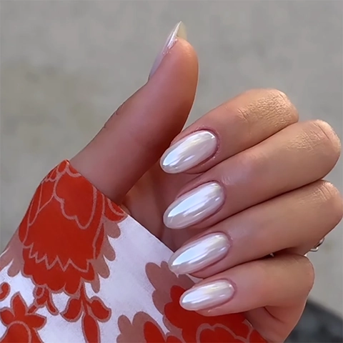 Uñas Postizas Press On Blanco Perla Artificial Cromo Ovalado Corto Brillante Desmontable Manicura Para Mujeres
