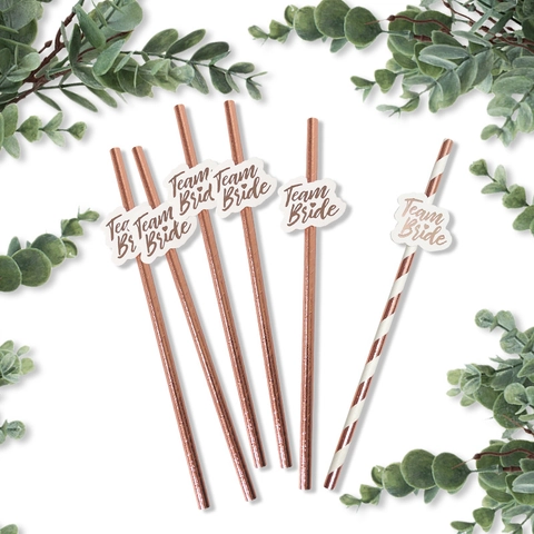 Team Bride Party Straws Rose Gold Foil Paper Disposable Wedding Decorations For Bachelorette Hen Party Bridal Shower Accessories