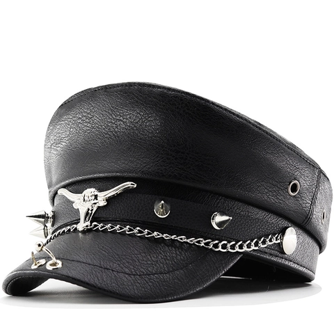Punk PU Leather Military Hat With Bull Head Rivets And Metal Chain Adjustable Flat Top Sailor Cap Rock Style