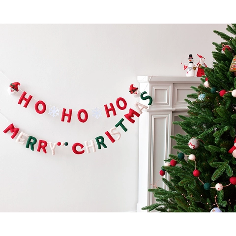 Christmas Bunting Banner Wool Felt Merry Christmas HO HO HO Santa Snowflake Reindeer Ball Garland Home Wall Fireplace Decoration
