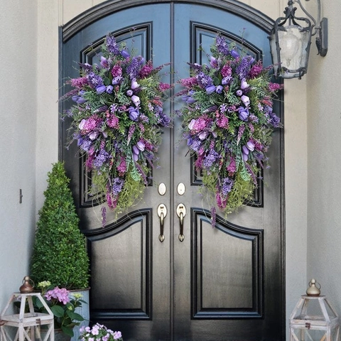Purple Artificial Tulip Wreath Teardrop Flower Swag For Front Door Home Decor Spring Summer Satin Plastic Lavender
