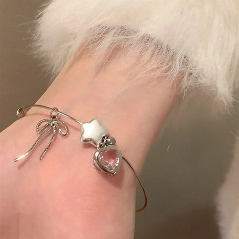Brazalete Abierto Con Dijes De Lazo Corazón Estrella Cobre Latón Circón Rosa Joyería De Moda Para Mujer